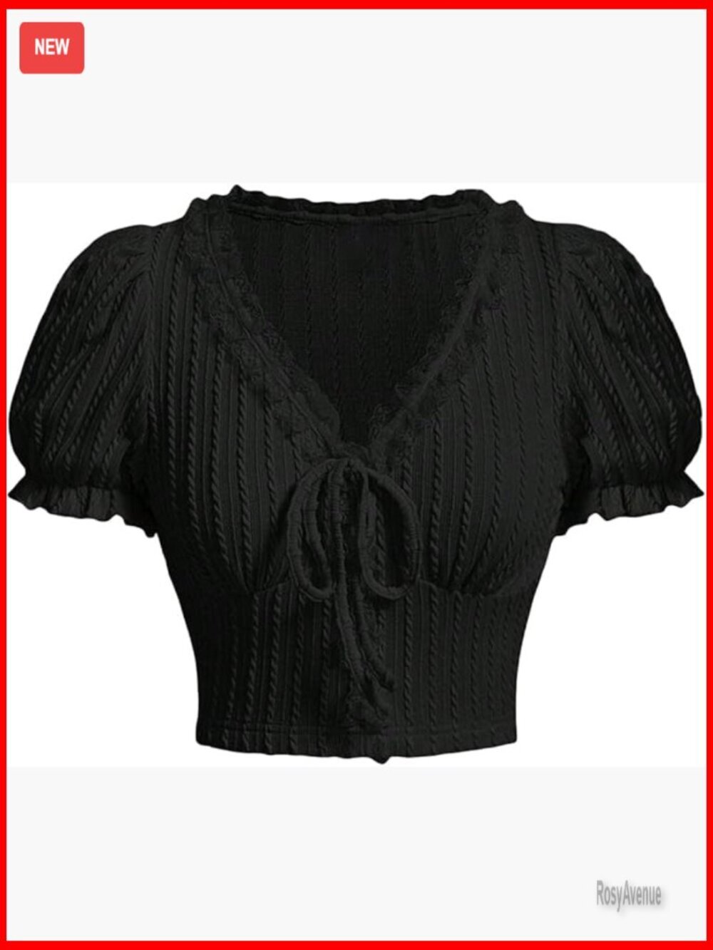 Knot Front Puff Sleeve V Neck Crop Top Lace Trim